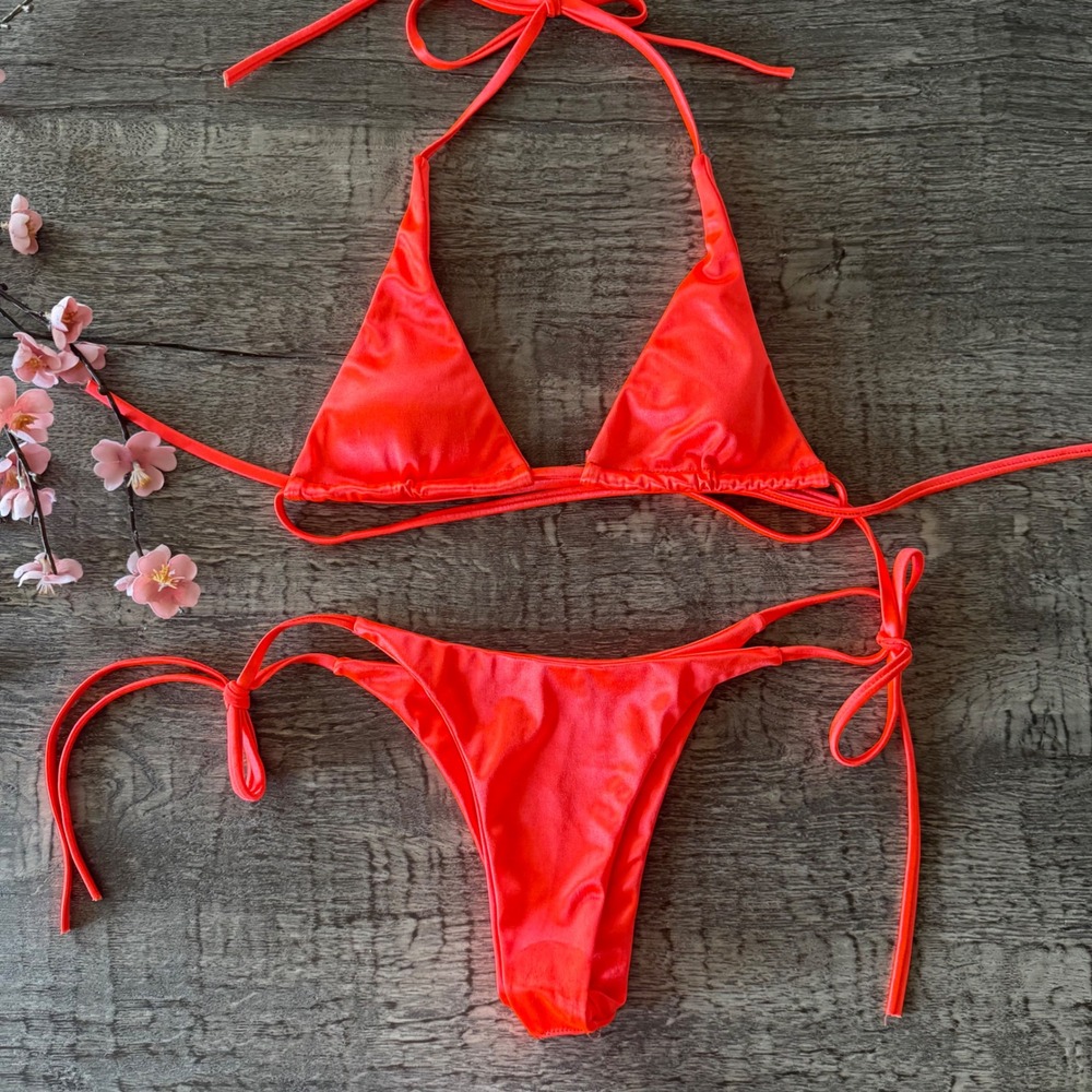 Neon Orange Brazilian Bikini Set Triangle Top Side String Tie Bottoms Size Small
